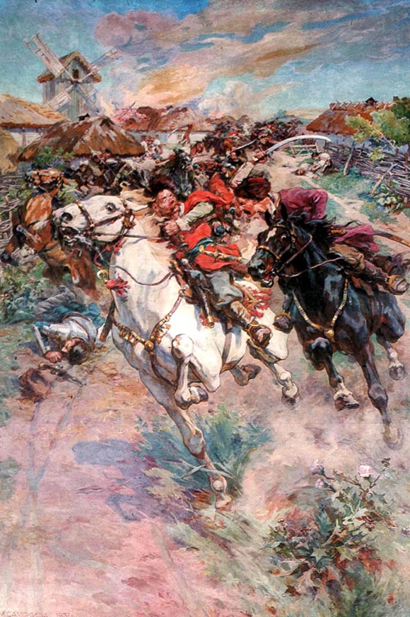 Бій Богуна з Чернецьким під Монастирищем у 1653 р. Худ. Микола Самокиш.– https://uk.m.wikipedia.org/wiki/%D0%A4%D0%B0%D0%B9%D0%BB:Bohun_vs_Czernecki_battle.jpg